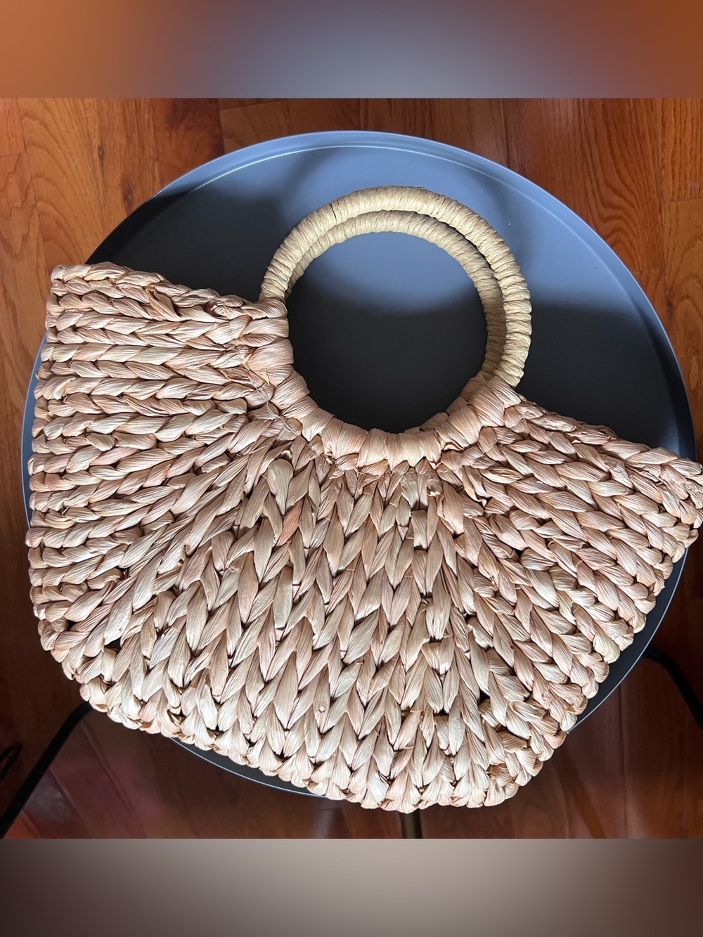 Woven Straw Circle-Handle Tote Bag - Natural Beige